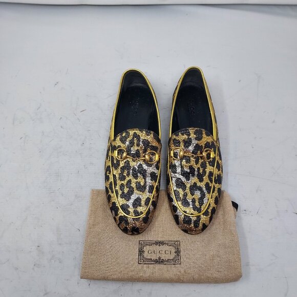 Gucci Jordaan Gold Black Leopard Jacquard Horsebit Loafer - Picture 1 of 11